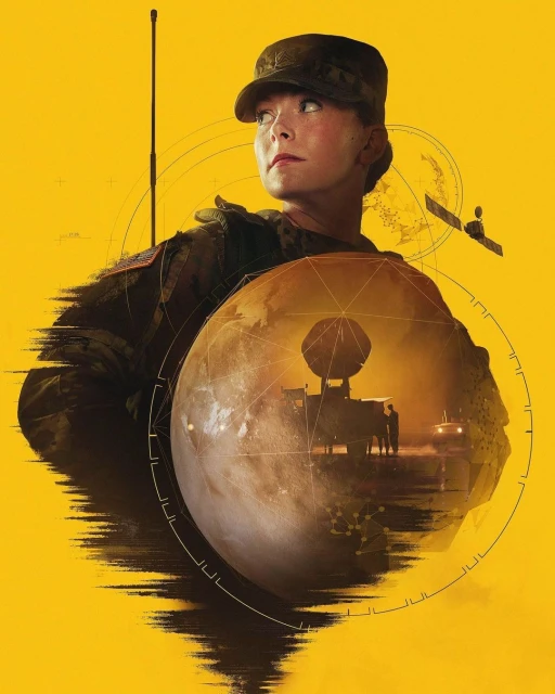 Illustration of a service woman in uniform wearing a cap, with a globe, radar, and satellite in the background on yellow.