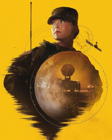 Illustration of a service woman in uniform wearing a cap, with a globe, radar, and satellite in the background on yellow.