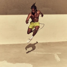 Black man mid-air jumping rope wearing bright yellow shorts against a neutral concrete background