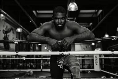Black male boxer leaning on the ropes of a boxing ring inside a gym, captured in monochrome by Coty Tarr.