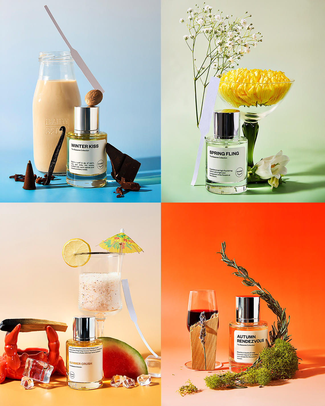 Four quadrants display perfume bottles with flavor-themed arrangements: chocolate, flowers, cocktails, and autumnal botanicals.