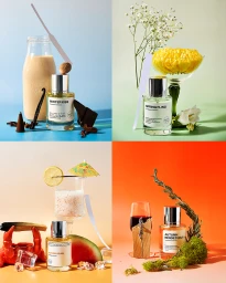 Four-quadrant grid of seasonal perfume bottles styled with ingredients and props on blue, green, beige, and orange backgrounds.