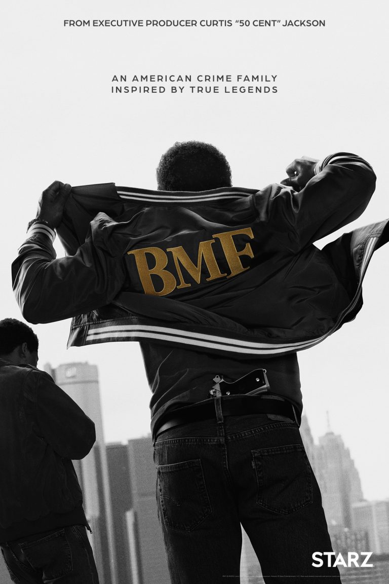 Movie poster depicting two black men in front of a skyline, one wearing a jacket with 'BMF' on the back, and a gun in his jeans.
