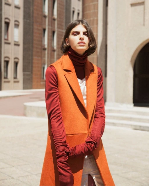 Fashionable woman in orange sleeveless coat and red turtleneck poses in an urban setting with neutral brick buildings in the background.