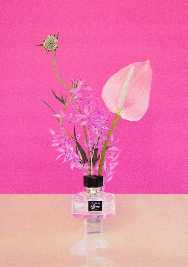 Still life of Gucci Bloom Profumo d Fiori perfume bottle with pink anthurium flower and sprigs against a pink and cream background.