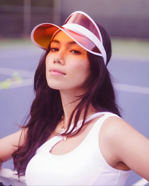 A woman wearing a white tank top and an orange visor looks confidently into the camera against a neutral, slightly blurred background.