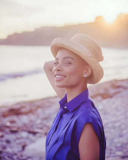 Portrait of a smiling adult female on a pebble beach in a blue top and straw hat, backlit by golden sunlight during the golden hour.