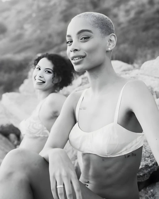 Two women pose on a rocky beach in a black and white shot. One woman has short hair and a bra top, with a second woman in the background.