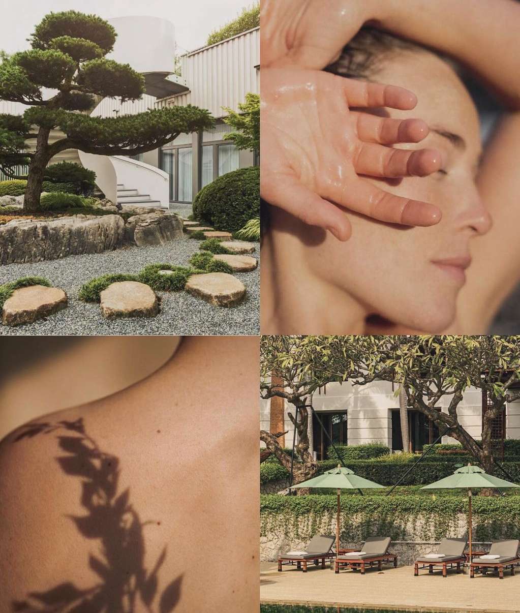 Collage showcasing a Zen garden, a woman's face with hand, shoulder with leaf shadow, and poolside with lounge chairs.