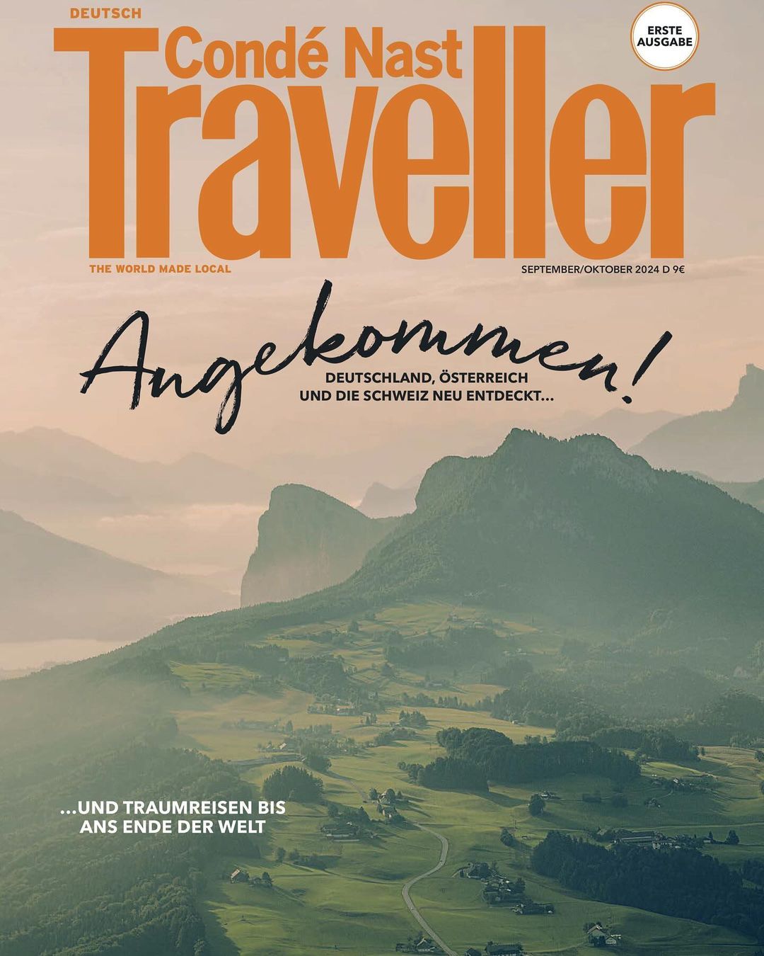 Condé Nast Traveller magazine cover featuring a scenic mountain landscape, showcasing verdant valleys and distant peaks, and magazine text.