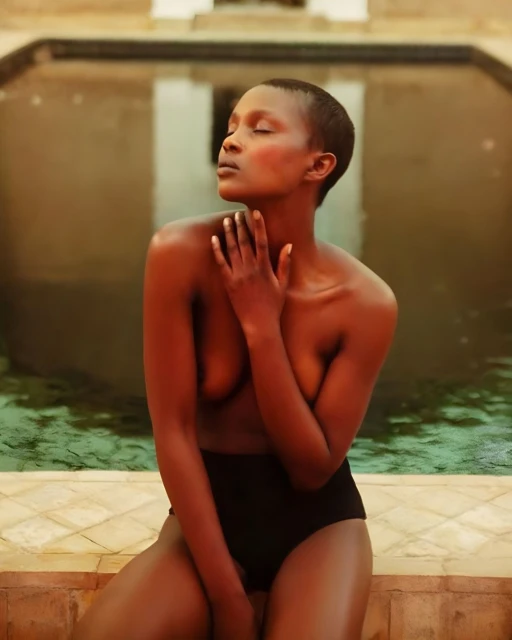 A woman with dark hair, wearing black bottoms, poses against a blurred background of a pool and stone architecture in the sunlight.