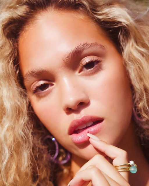 Close-up studio portrait of a young fair-skinned woman with curly blonde hair, wearing rings and earrings, touching her lip.