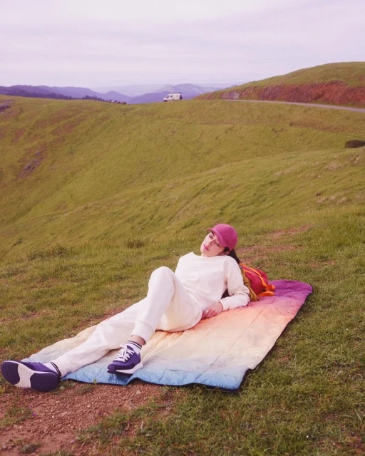 Woman in white sweatsuit relaxes on rainbow blanket in sunny grassy hills, wearing a red baseball cap, enjoying a scenic outdoor view.