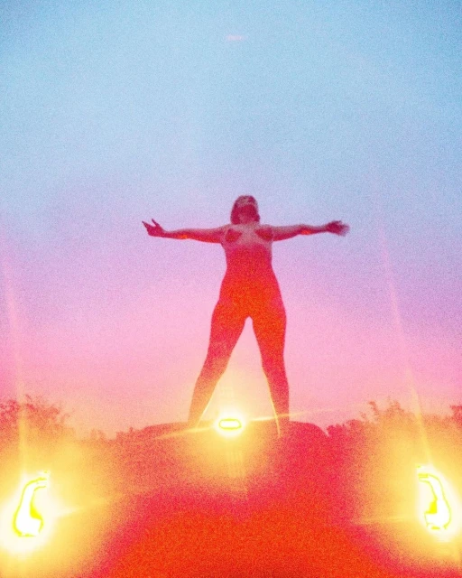 Woman in silhouette standing on a rocky surface with arms outstretched against a pink and blue sky, with stylized lighting effects.