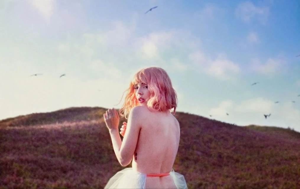 Woman with pink hair in nature background with flock of birds and grassy hills, shot in landscape orientation, back view, natural light.