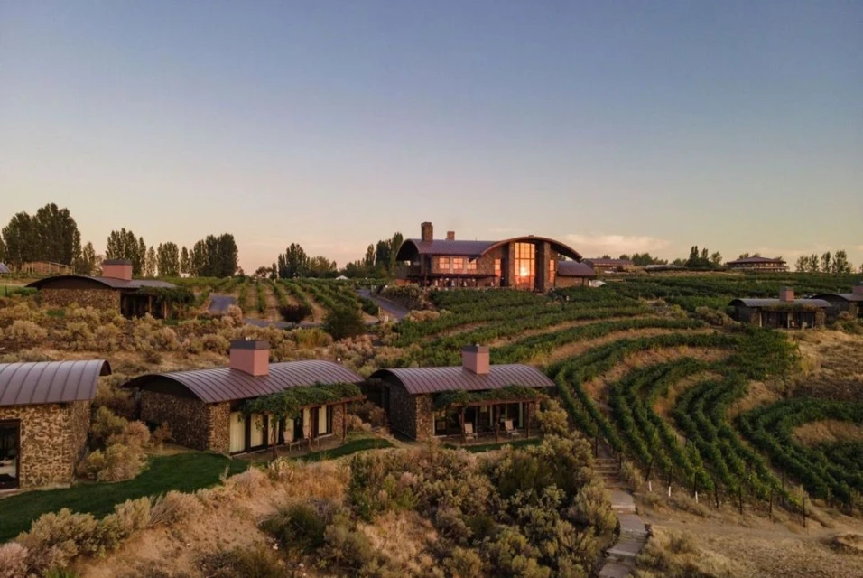 Scenic view of a vineyard estate with stone cottages and a main house, showcasing architectural design and landscape integration.