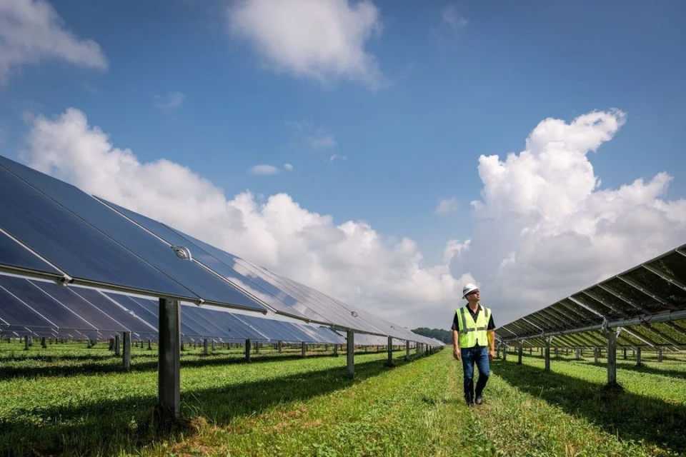 Adult male worker in hard hat and safety vest walks through solar panel farm under bright sky with clouds on a sunny day.