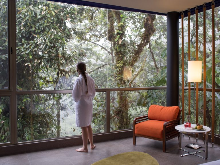 Woman in bathrobe gazing out a window at lush green forest. Armchair and table with fruit inside a modern hotel room.