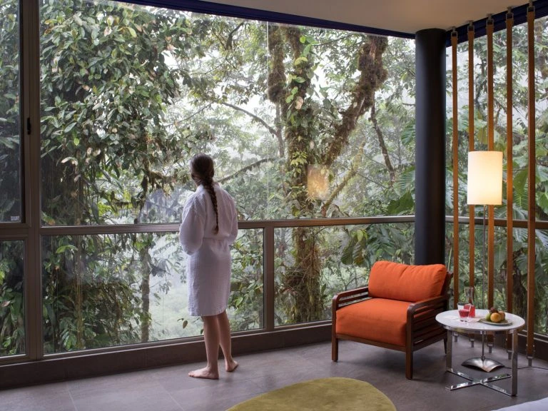 Woman in bathrobe gazing out a window at lush green forest. Armchair and table with fruit inside a modern hotel room.