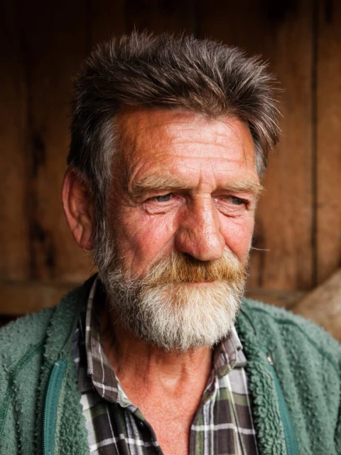 Portrait of a mature adult male with a weathered face, grey beard, and plaid shirt, captured indoors in natural light.