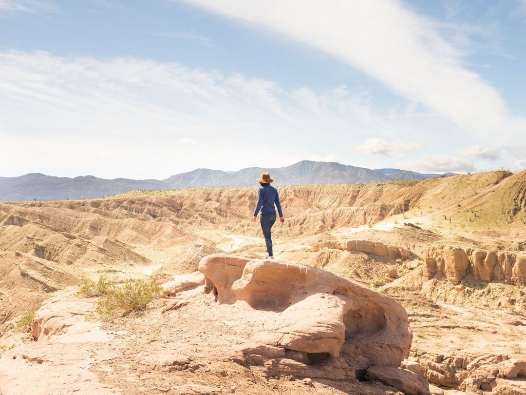 An adult woman stands on a rock formation in the desert, gazing at the distant mountains under a sunny sky with light clouds.