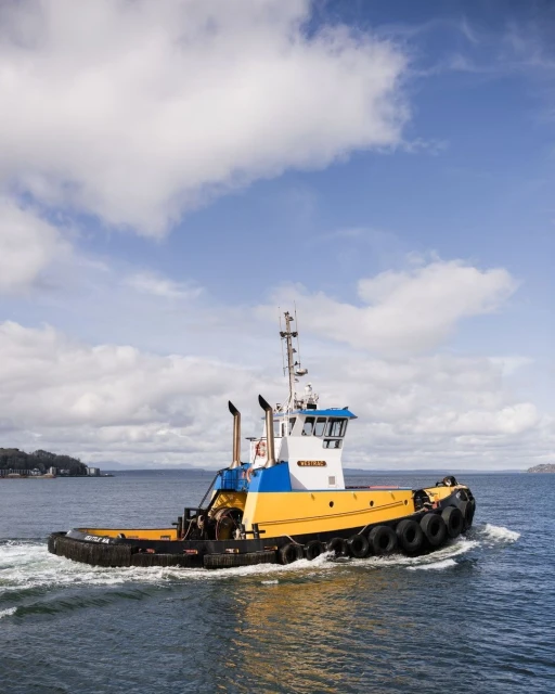 Yellow and blue tugboat navigates calm, dark-blue water on a sunny day with scattered clouds in the sky; land is visible in distance.