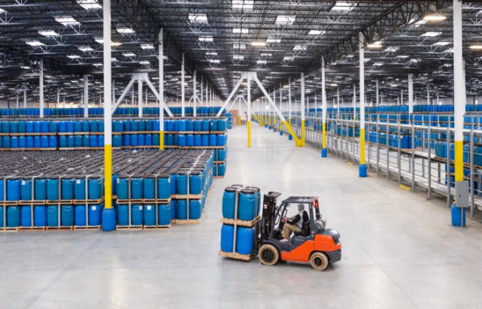 Large indoor warehouse with tall stacks of blue chemical barrels and a worker operating an orange forklift to move product.