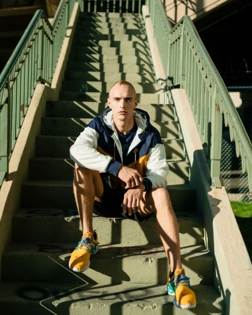 Adult male in a windbreaker and athletic shoes sitting on an outdoor staircase with green railing, creating linear shadows.
