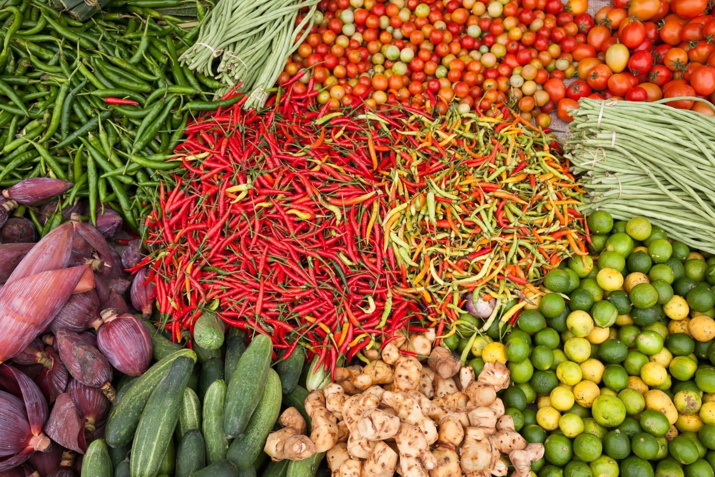 Overhead shot displays colorful assortment of red & green chilies, tomatoes, limes, cucumbers, ginger, & banana flowers for food photography.