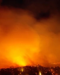 Vibrant orange wildfire and thick smoke illuminating the dark night sky above a dark ridge