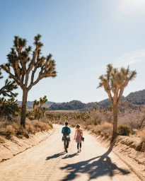 Two people walking away down a sandy desert road flanked by Joshua trees under a clear bright sky.