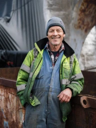 Portrait of an older man in a high-vis jacket and grey beanie smiling outdoors by an industrial container