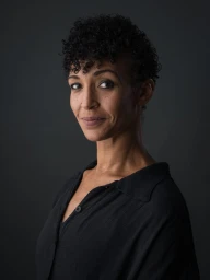Portrait of a woman with short curly dark hair and a black collared shirt against a dark textured background