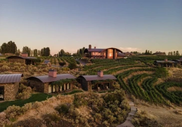 Aerial view of modern stone buildings with curved roofs nestled among hillside vineyards at sunset by Peter Bohler