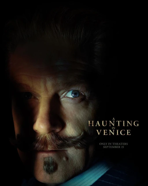 Close-up of a poster for 'A Haunting in Venice' featuring a fair-skinned adult male with a distinctive mustache and goatee. The dark movie poster uses dramatic lighting.