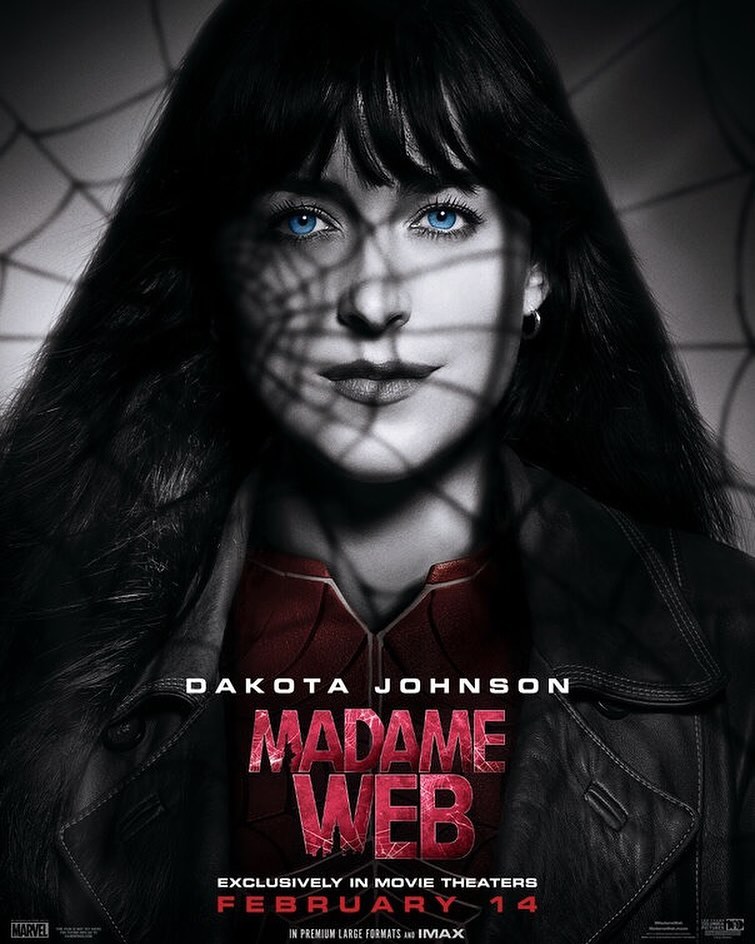 Poster of Madame Web movie featuring Dakota Johnson with web shadow, text saying the title and release date.