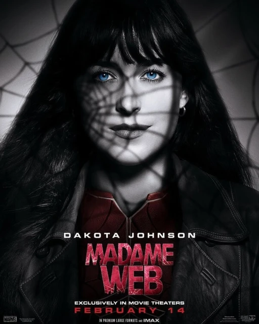Poster of Madame Web movie featuring Dakota Johnson with web shadow, text saying the title and release date.