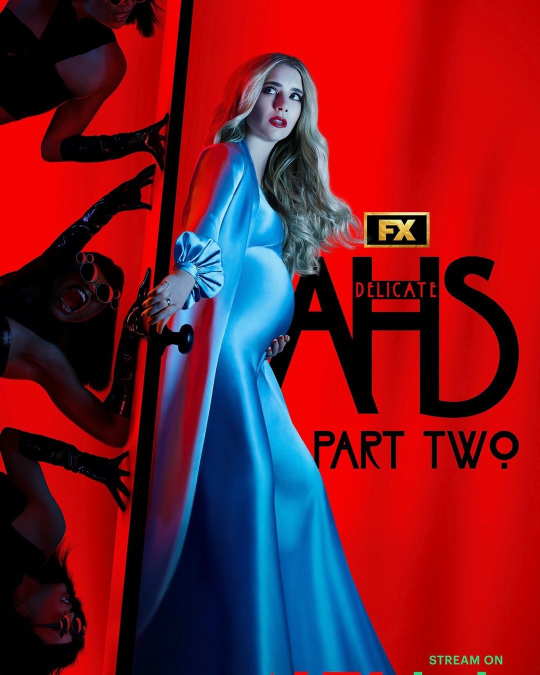 Pregnant woman in a blue gown, standing in front of a red door with black figures in the background; TV show advertisement.