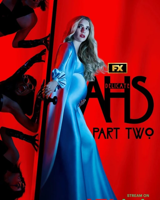 Pregnant woman in a blue gown, standing in front of a red door with black figures in the background; TV show advertisement.