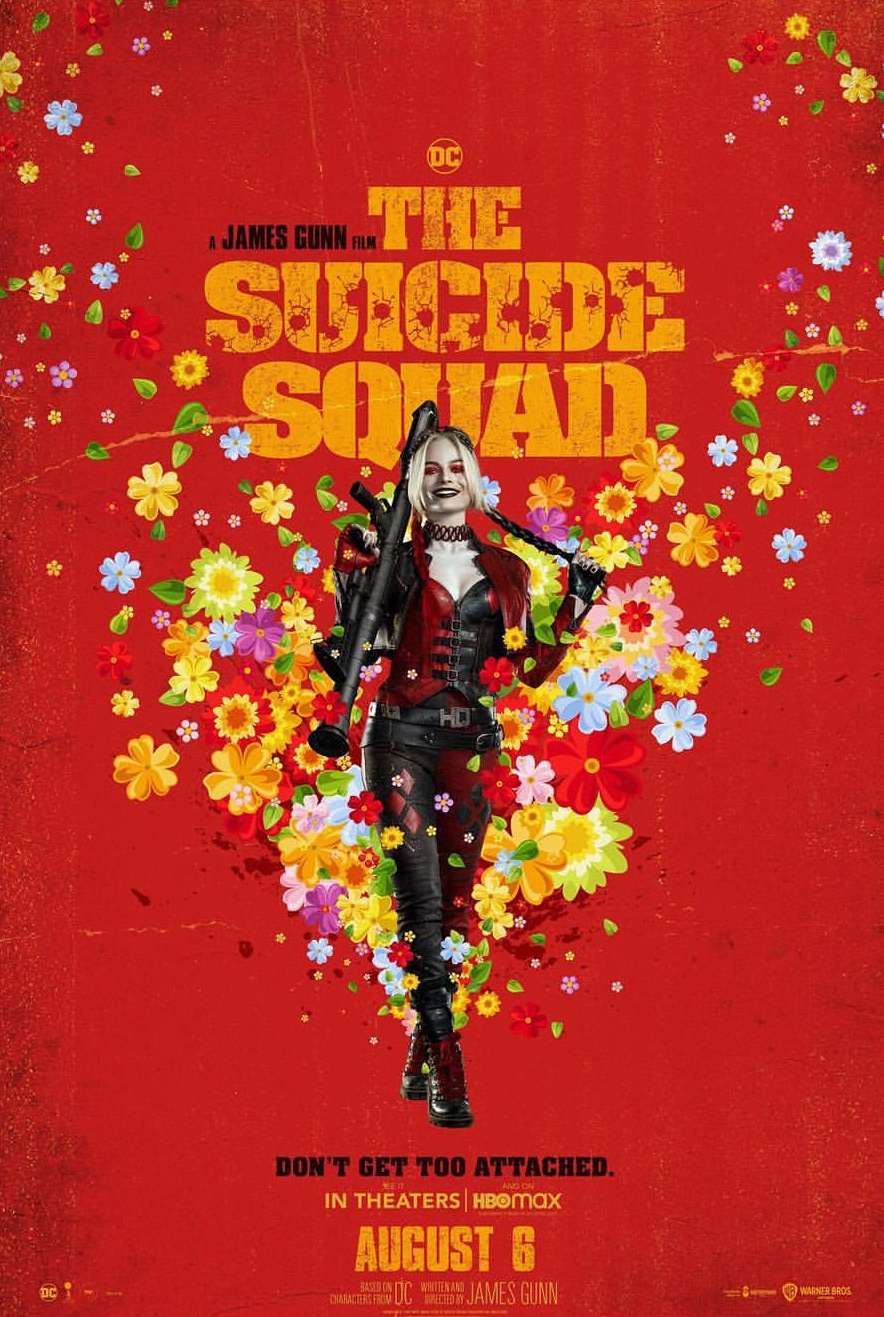 Promotional poster for The Suicide Squad film features Harley Quinn holding a weapon amid colorful flowers on a textured red background.