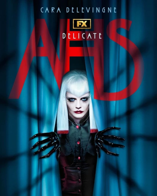 Promotional image for American Horror Story: Delicate, features Cara Delevingne with white hair, dark makeup, and elaborate claw-like gloves.