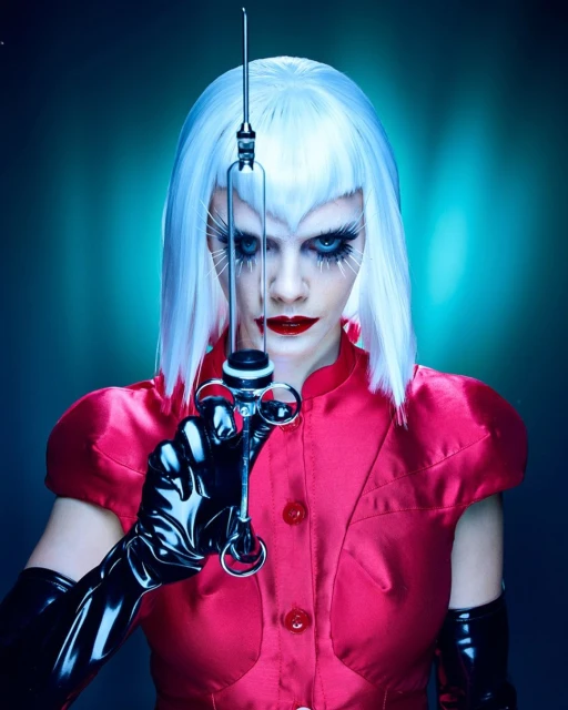Adult female in a red top and white wig holds a large surgical syringe with black gloves against a teal-colored background.
