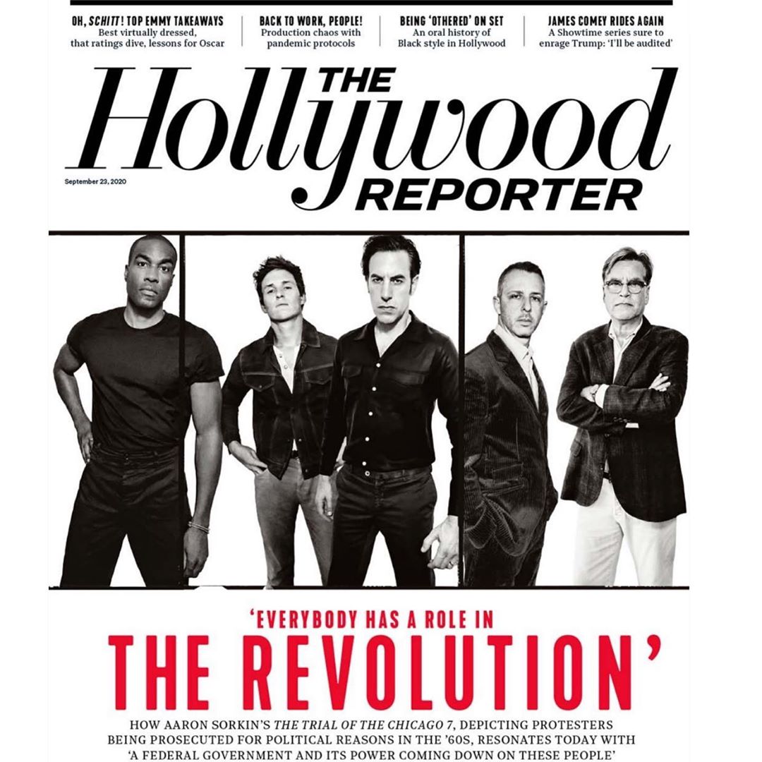 The Hollywood Reporter cover featuring a group of five men standing together, promoting 'The Trial of the Chicago 7'.