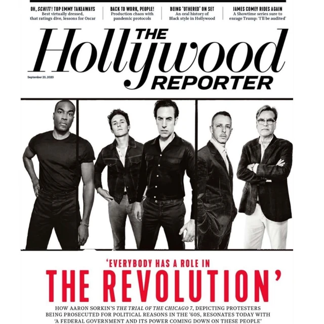 The Hollywood Reporter cover featuring a group of five men standing together, promoting 'The Trial of the Chicago 7'.