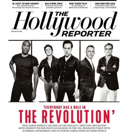 The Hollywood Reporter cover featuring a group of five men standing together, promoting 'The Trial of the Chicago 7'.