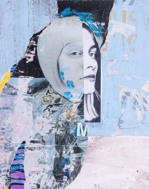 Mixed media collage with a partial portrait of a woman with a light blue hooded cap against a background of layered paper fragments.