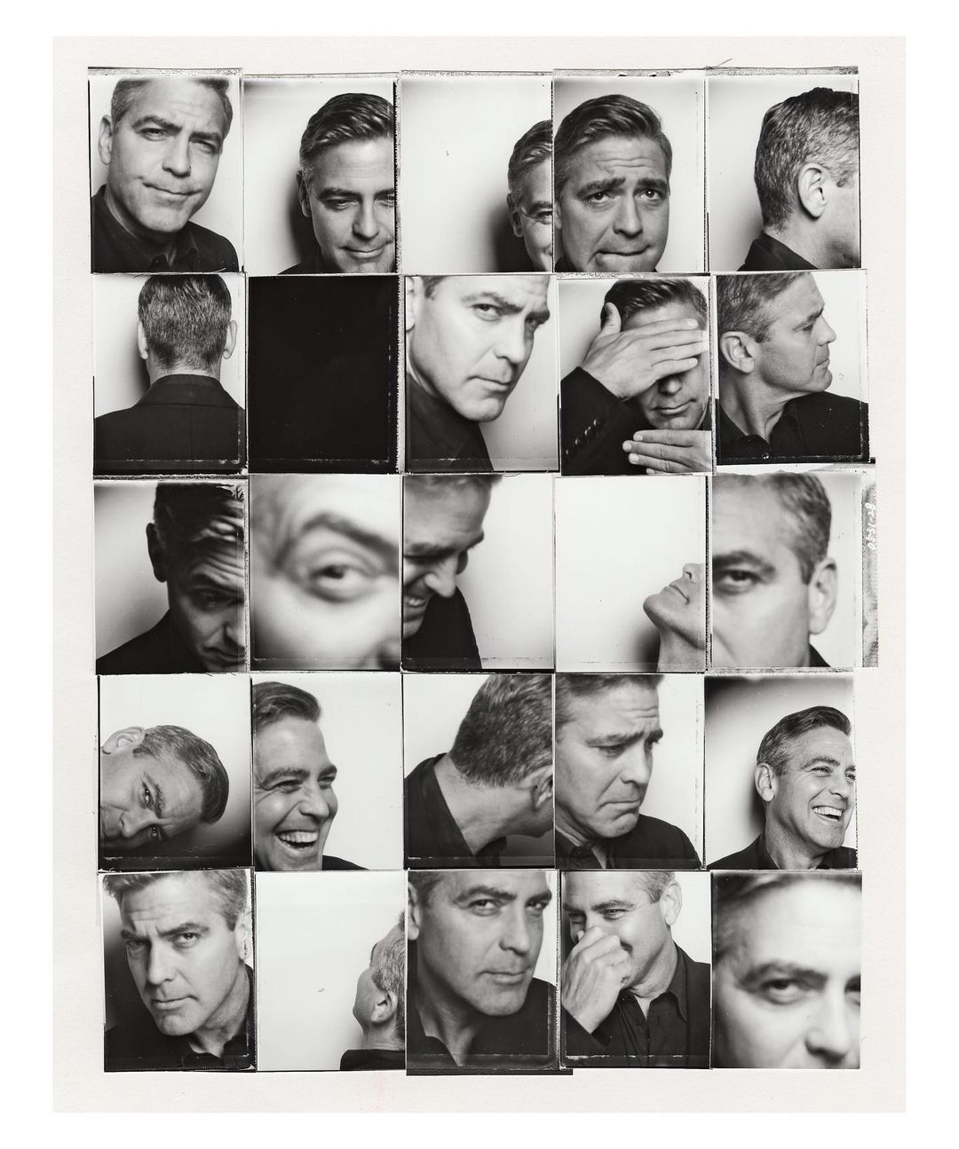 Black and white photo booth style portrait collage of George Clooney with different facial expressions and angles, close-up, against white.