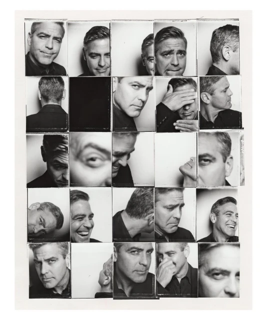 Black and white photo booth style portrait collage of George Clooney with different facial expressions and angles, close-up, against white.