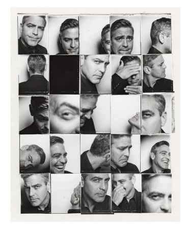 Black and white photo booth style portrait collage of George Clooney with different facial expressions and angles, close-up, against white.