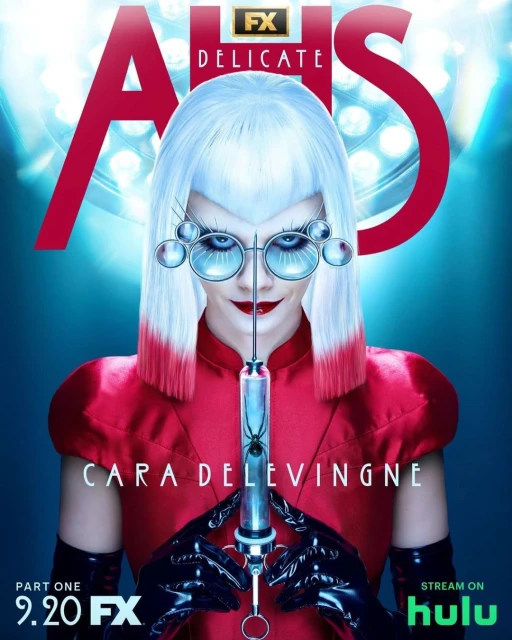 Promotional image for American Horror Story: Delicate Part One featuring Cara Delevingne holding a syringe with a spider inside.